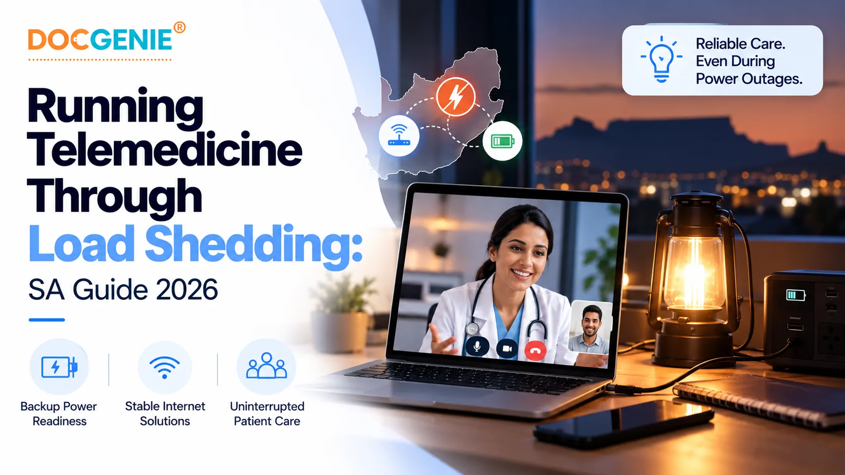 South African doctor continuing a telemedicine video consultation during load shedding with backup power