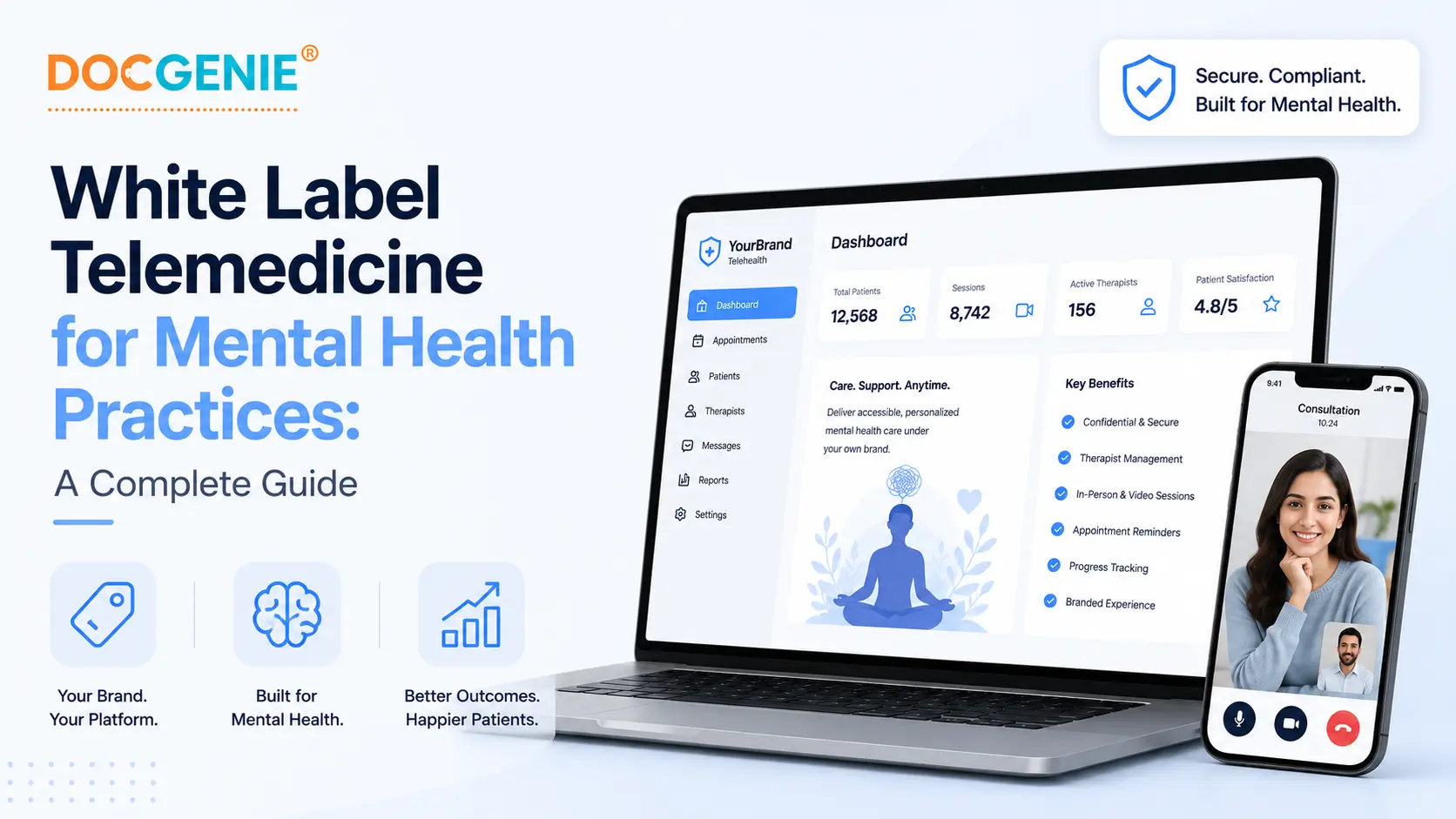 Mental health therapist conducting a secure branded telemedicine consultation with a patient via white label virtual care platform