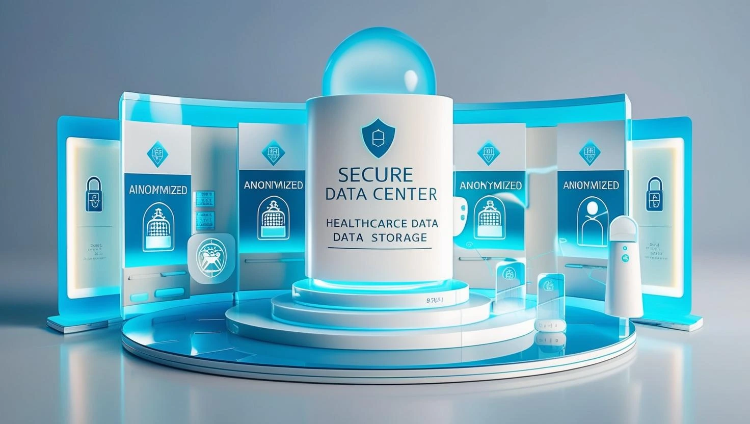 Healthcare IT professional monitoring HIPAA security measures for electronic health records with multiple secure servers and encryption visualizations